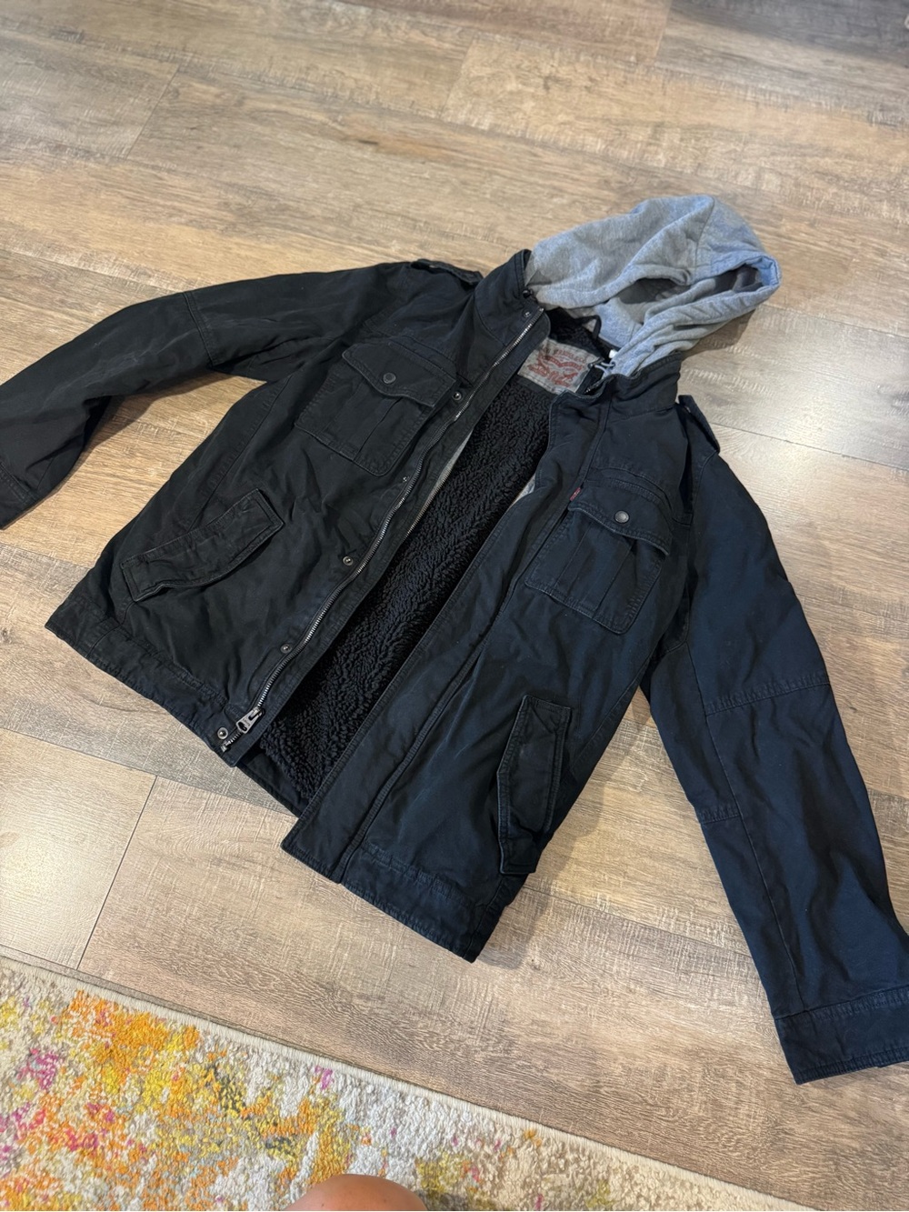 Levi’s Jean Jacket Mens Medium Black Sherpa Lined Trucker Hoodie Zip Up